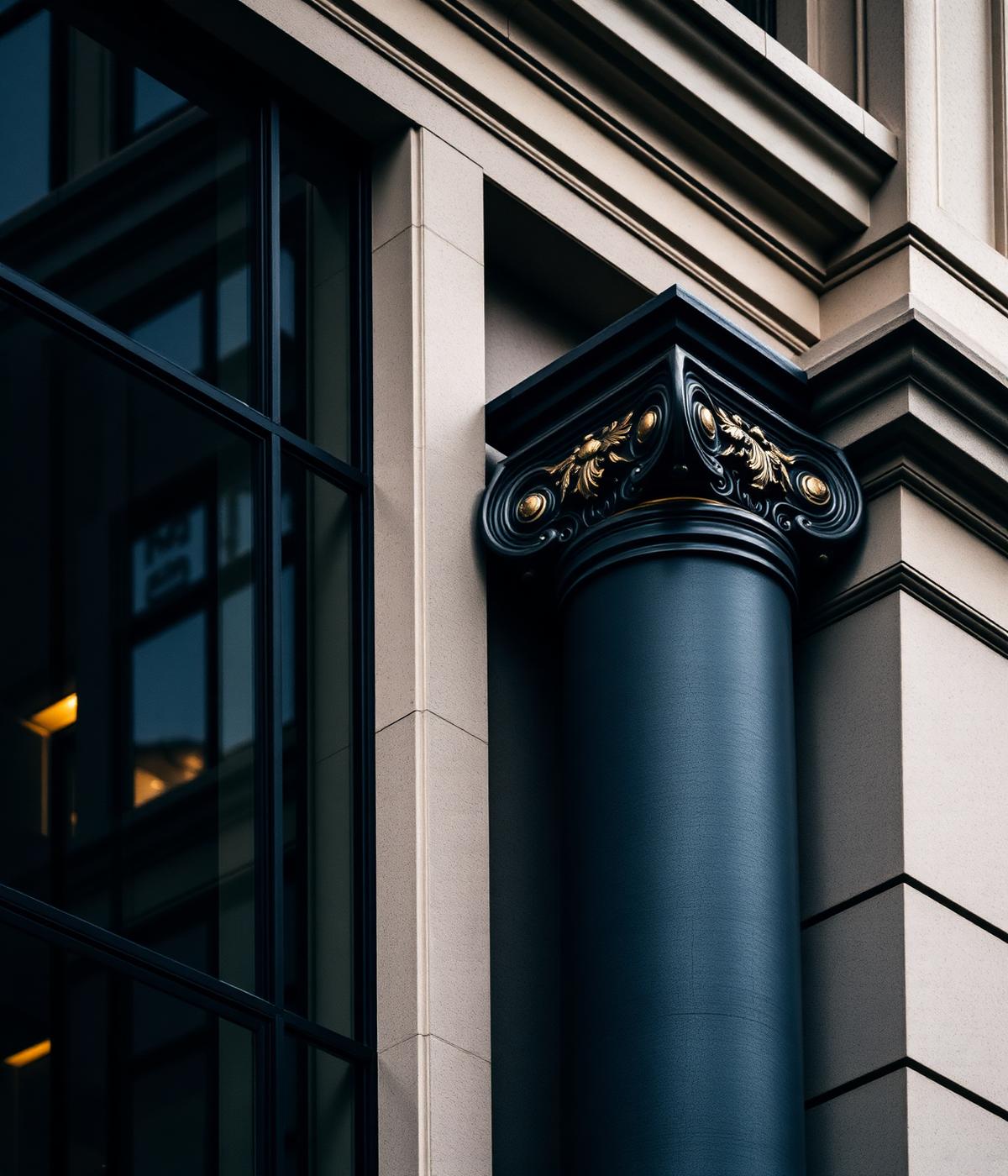 Classical column with modern glass — heritage meets contemporary practice